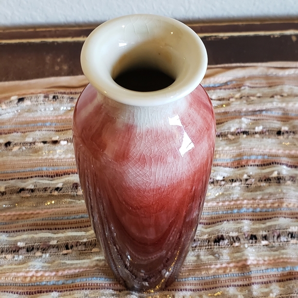 White & Red Ombre Ceramic Drip Crackle Glaze Table Vase MCM Christmas Holiday - Picture 4 of 10